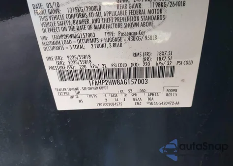 2010 Ford Taurus Sel z USA, uszkodzony, nr VIN 1FAHP2HW8AG157003